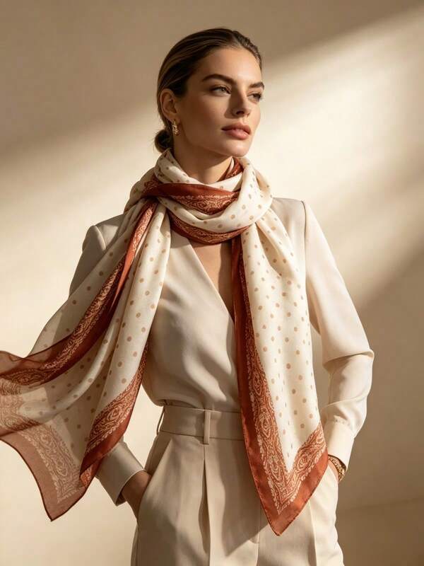 Moemton French Warm Cream Orange Polka Dot Vintage Paisley Silk Scarf, Elegant Commuter Shawl, Suitable For Career Women