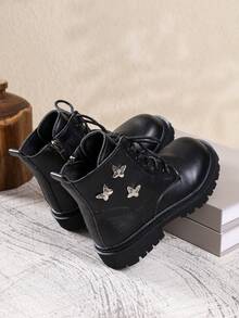 Girls' Black Lace-Up Combat Boots With Metal Butterfly Decor, Side Zipper, Non-Slip Thick Sole, Fashion Ankle Boots For Autumn Outdoor And Daily Wear - Black - View 6