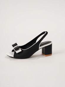 Women's Peep Toe Bowknot Backstrap Block Heel Sandals, Chunky Heels, Versatile For Elegant Dresses, Suitable For Vacation, Commuting, Shopping - Black and White - View 10