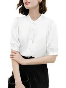 Blusa de manga corta con cuello alto y seda para mujer con pliegues y botones para oficina - Negro - - Ver 15