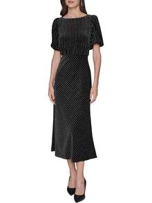 Vestido Midi de Terciopelo a Rayas Finas de Manga Corta  Vestido Informal Mujer - Espresso Multi - Ver 2