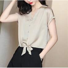 Camisa de verano de manga corta con botones de seda para mujer, con cuello en V, color liso, para oficina y dama, blusa casual - Rojo - - Ver 4