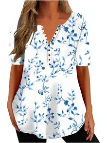 Ceboyel - Camisas Henley con estampado floral para mujer, cuello en V, sexy, casual, de manga corta, blusas elegantes para mujer - Multicolor #2 - Ver 11
