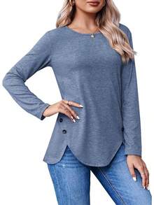 Fisoew - Blusa casual de manga larga para mujer, cuello redondo, botones laterales - x-azul marino. - Ver 2