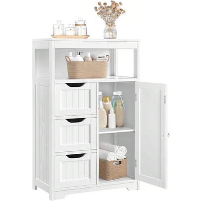 Bathroom Floor Cabinet Wooden Storage Organizer With 1 Door And 3 Drawers, Free-Standing Cupboard For Kitchen/Living Room/Bathroom Use, White
