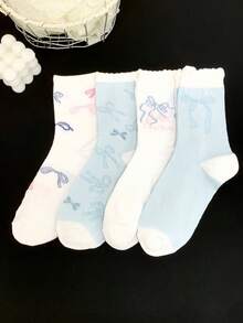 1/4 Pair Spring/Summer Blue & White Sweet Bow Lace Comfortable Mid-Calf Socks - Multicolor - View 4
