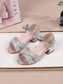 Summer New Fashion Versatile Girls High Heel Shoes, Kids Open Toe Sequin Sandals For Party, Wedding, Performance - Silver - View 16