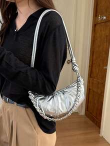 Bolso de mujer 2026 nueva moda estilo croissant dumpling, bolso para teléfono, bolso de hombro, bolso cruzado pequeño - Plateado - Ver 2