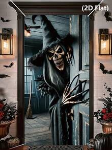 1pc Halloween Door Cover, Witch Pattern Bedroom Door Decor, Halloween Backdrop, Halloween Party Supplies, Halloween Hanging Banner, Scary Halloween Photography Props, Haunted House Decor, Trick Or Treat Decor, Halloween Gifts, Party Gifts, Photo Studio Props, Halloween Home Decor, Room Decor, Outdoor Garden Supplies, Yard Decor, Christmas Decor, 2027 New Year Party Decor, New Year Gifts, Winter Decor - Skeleton Witch - View 3
