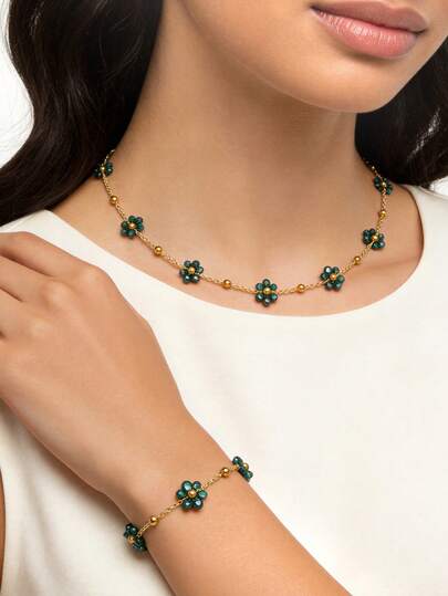 2er Set Edelstahl Halskette und Armband mit grünen Blütenblättern, Damenstil, geeignet für Muttertag, Geburtstagsparty, Hochzeit, Urlaub, Schulanfang Geschenke