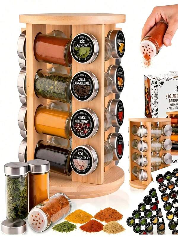Rotating Bamboo Spice Organizer With Aluminum Lid Glass Spice Jars, Revolving Countertop Seasoning Storage Rack, Kitchen Condiment Container Set With Custom Label Stickers For Home Cooking & Small Pantry