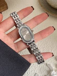 1pc Gold/Silver Square Bamboo Pattern Quartz Watch, Suitable For Daily Wear, Birthday Gift, Christmas Gift - Silver - View 3