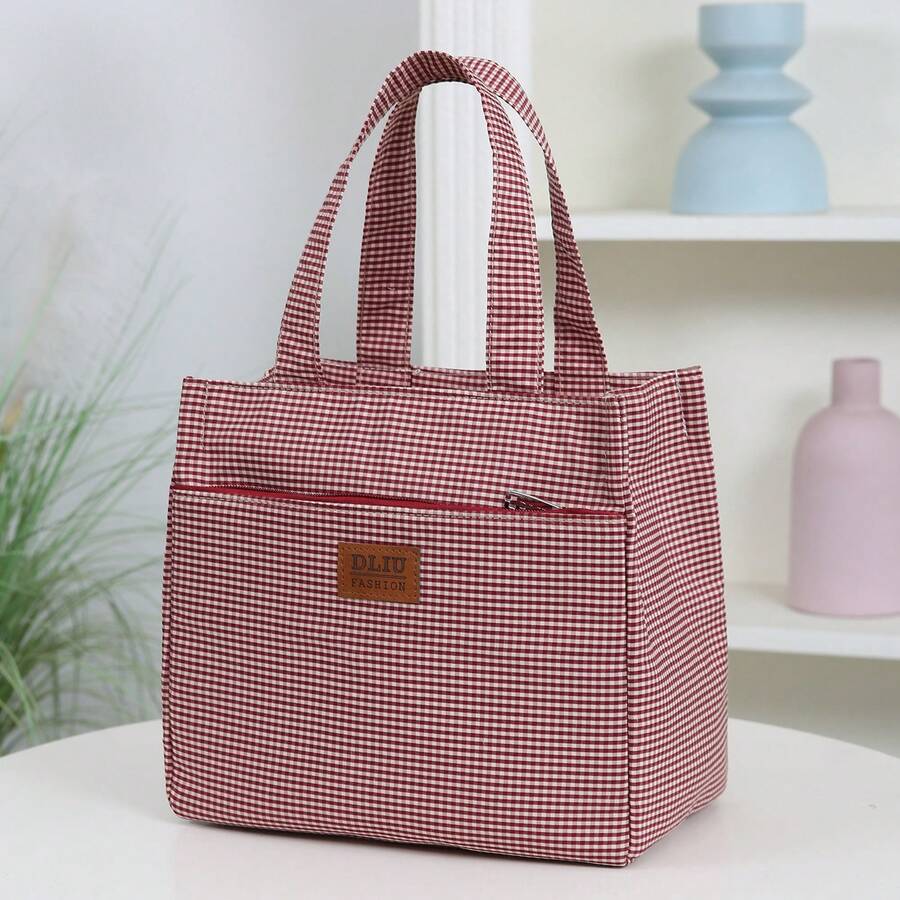 Nueva llegada, tela gruesa con patrón a cuadros, bolso de mano exquisito, bolso tote para el trabajo, bolso de moda con cremallera semicerrada, adecuado para la escuela, el trabajo, las compras, el camping, el uso diario, bolso de mano. Temporada de regreso a la escuela, vintage, minimalista, bolsa para el almuerzo, bolsa de almacenamiento para caja bento, bolsa para el almuerzo, bolsa de compras, bolsa de utilidad