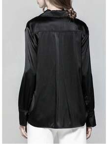 Blusa formal de manga larga brillante con bolsillos de solapa para mujer - Azul - Ver 3