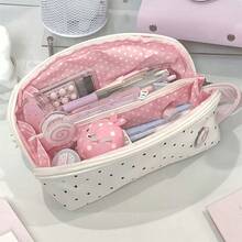 Cute Polka Dot Large Capacity Pencil Case, Multi-Layer Zipper Stationery Storage Bag With Inner Compartment, Highly Attractive Pencil Case For Back To School, Portable Makeup Organizer For Students And Girls - L - View 3