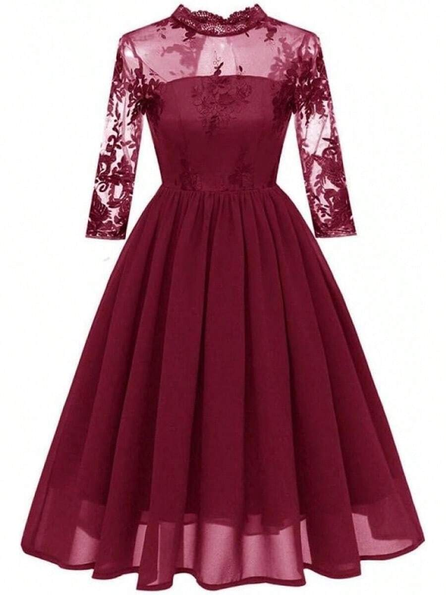 YLDCN Falda Cruzada Vestido Floral De Gasa De Encaje De Malla Bordada para Mujer - Gris - Ver 1