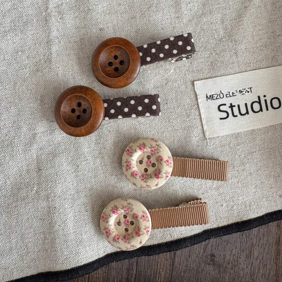 2pcs Korean Style Milk Tea Floral Button Hair Clips, Ins Mori Style Fresh Ditsy Floral Button Side Bangs Clips, Gentle Girl DIY Handmade Versatile Loose Hair Fixing Atmosphere Hair Accessories, Mori Style Photography, Campus Daily Commute - Multicolor - View 1