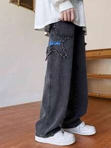Men's Comfortable Fabric Embroidered Wide-Leg Jeans, Fashionable And Versatile - Dark Grey - View 2