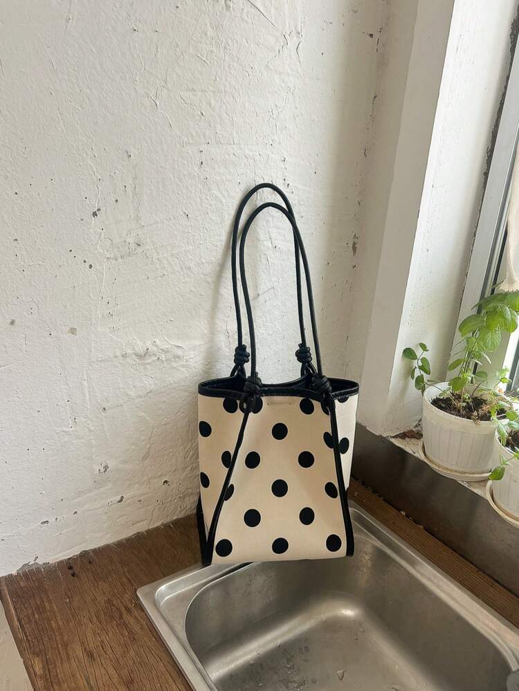 Women's Polka Dot Canvas Leather Trim Tote Shoulder Bag, Suitable For Work, Travel, Casual (Back To School Backpack) - Beige - View 4