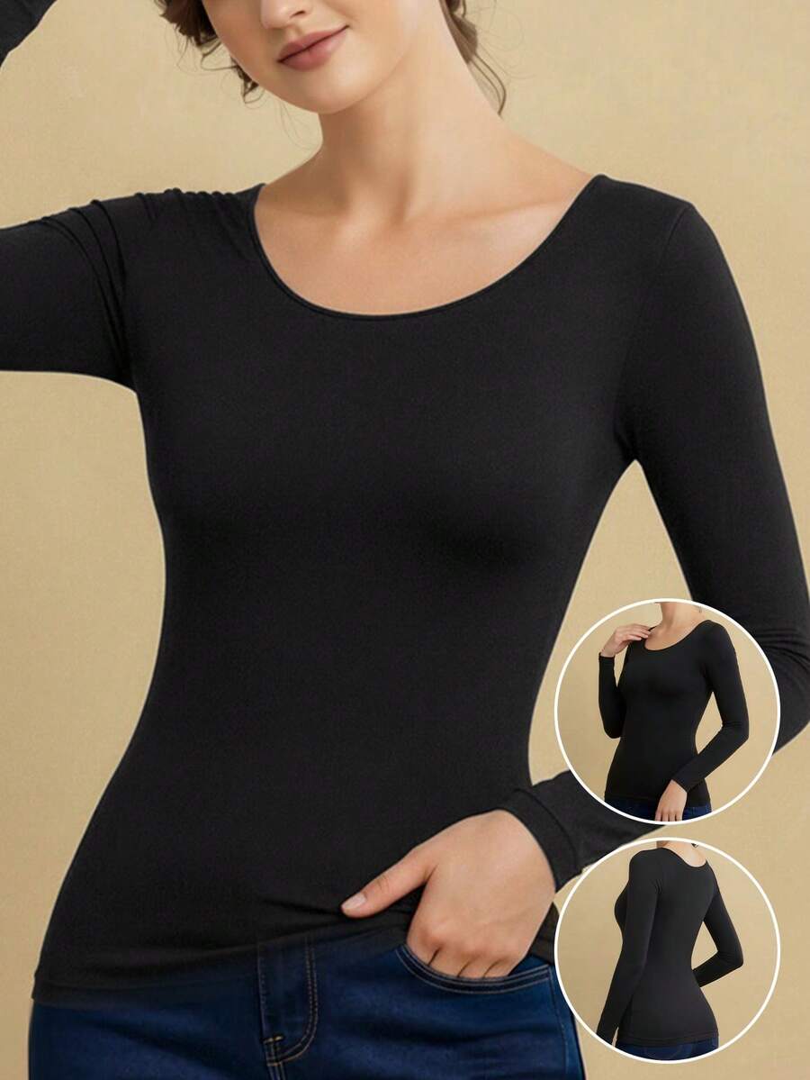Black Thermal Underwear Women's Invisible Seamless Autumn And Winter Ultra-thin Bottoming Shirt New Long Sleeve - Black - View 1