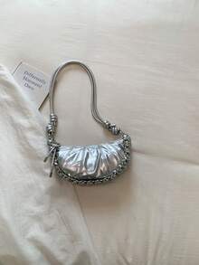 Bolso de mujer 2026 nueva moda estilo croissant dumpling, bolso para teléfono, bolso de hombro, bolso cruzado pequeño - Plateado - Ver 8