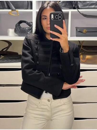Women's Fashion New Short Woolen Solid Color Jacket, Elegant Elegant Woven Tape Splicing Short Jacket, Work Holiday Wear, Autumn/Winter New Black