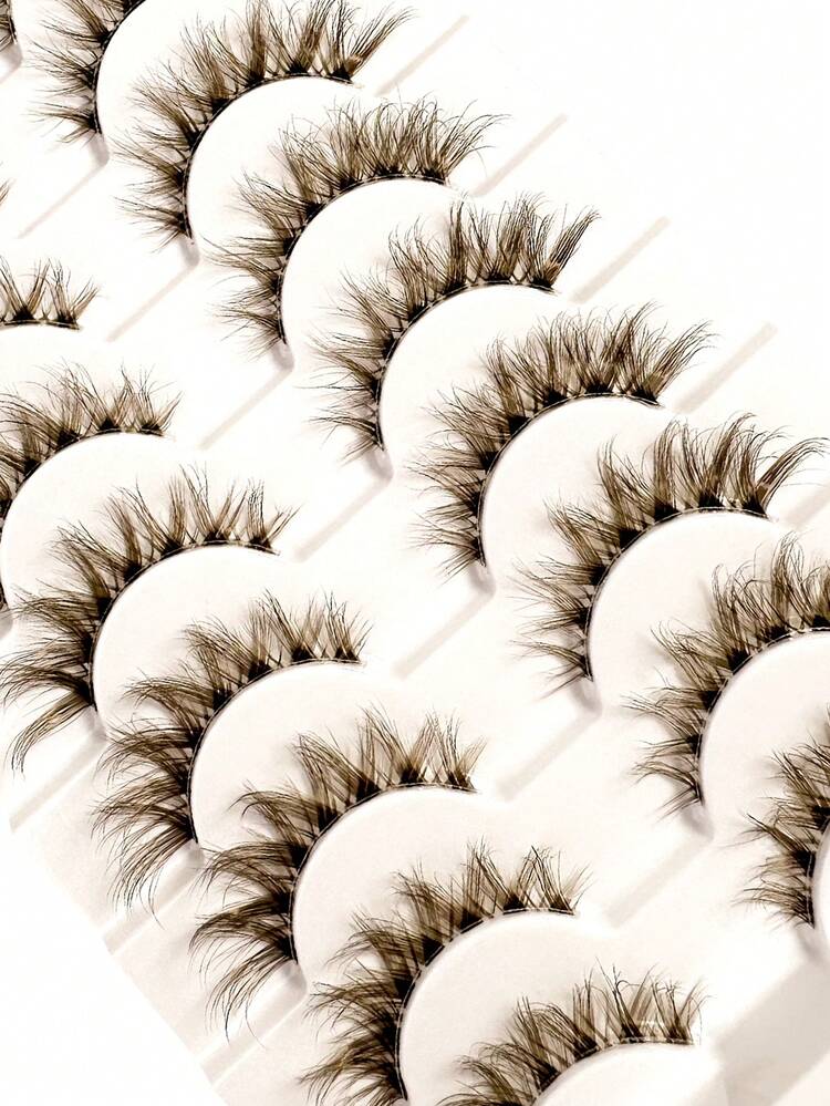 10 Pairs Brown Half-Length Transparent Soft Mermaid Style Natural Fluffy Faux Mink False Eyelashes, Cartoon Style, Suitable For Party, Eid, Gift, Holiday, Beach, Bachelorette Party, Bridal Party - Cat Eye Lashes - View 5