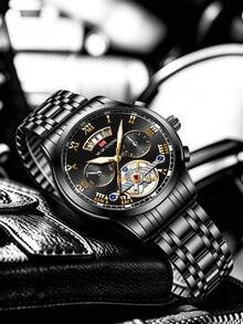 VA VA VOOM 男士手錶 41mm Aviator 系列 不鏽鋼錶帶 原裝石英機芯 夜光日期顯示 男士運動軍事風手錶 金色 & 銀色 & 黑色 - 黑色 - 查看 3