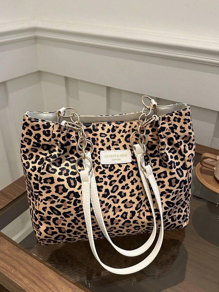 Bolso de hombro de rayas de moda - Bolso de gran capacidad para mujer - Bolso de tote con cremallera para uso diario - Bolso de tote con cadena de metal minimalista para adolescentes, mujere - Marrón - Ver 1