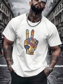 Vintage Peace Sign Wave Palm Sun Moon Castle T-Shirt, Locker Rundhals, Perfektes Casual Street Style Top - 白色 - 查看 1