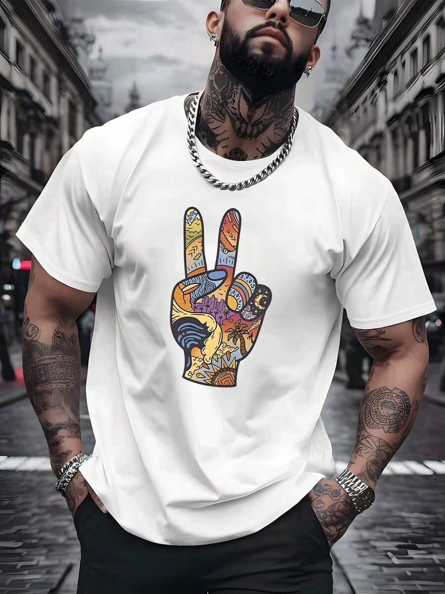 Vintage Peace Sign Wave Palm Sun Moon Castle T-Shirt, Locker Rundhals, Perfektes Casual Street Style Top - 白色 - 查看 1