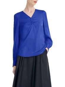 Blusa formal de manga larga con pliegues de seda con cuello en V, manga abullonada para mujer - Pnnrk - Ver 13