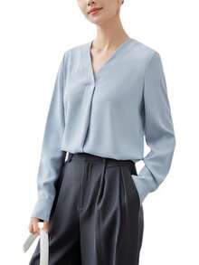 Blusa holgada formal con cuello en V y manga larga para mujer, con pliegues de negocios - azul claro - Ver 8