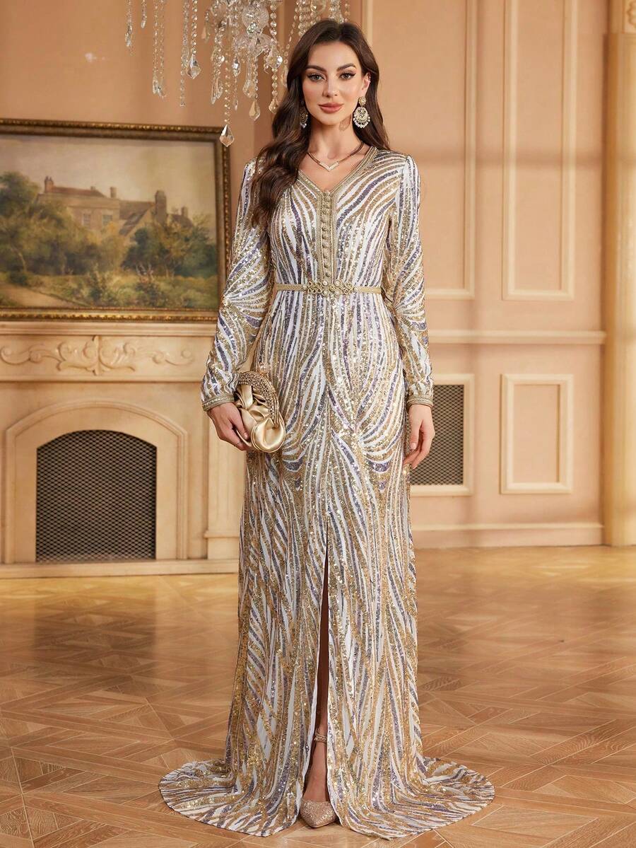 Women's V-Neck Long Sleeve Zebra Stripe Sequin Elegant Party Dress With Detachable Belt Wedding Fall