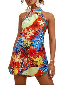- Vestido corto sin mangas con estampado floral para mujer, cuello halter, línea A - Negro y blanco - Ver 9