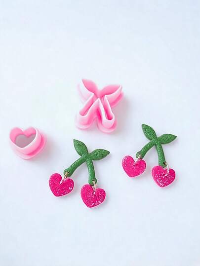 Cortadores de arcilla polimérica con forma de corazón de cereza, moldes lindos con forma de fruta y hoja para manualidades de pendientes colgantes hechos a mano en verano