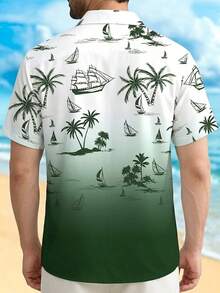 Men's Gradient Color Nautical Print Button-Down Short Sleeve Shirt Open Front Top - Green - View 4