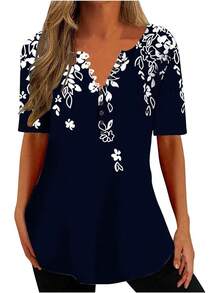 Ceboyel - Camisas Henley con estampado floral para mujer, cuello en V, sexy, casual, de manga corta, blusas elegantes para mujer - N04-gris - Ver 22