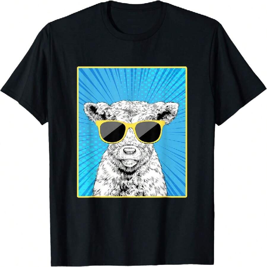 Baby Cow Portrait Pop Art Farm Animal With Sunglasses T-Shirt - Black - View 1