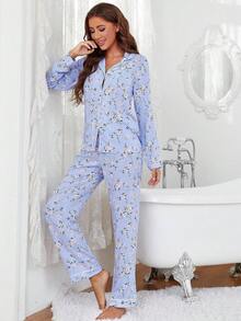 Conjunto de Pijama para Mujer con Cuello Recortado, Estampado Floral, Camisa con Botones y Pantalones Largos, Algodón, 2 Piezas, Ropa de Dormir - Amarillo - Ver 7