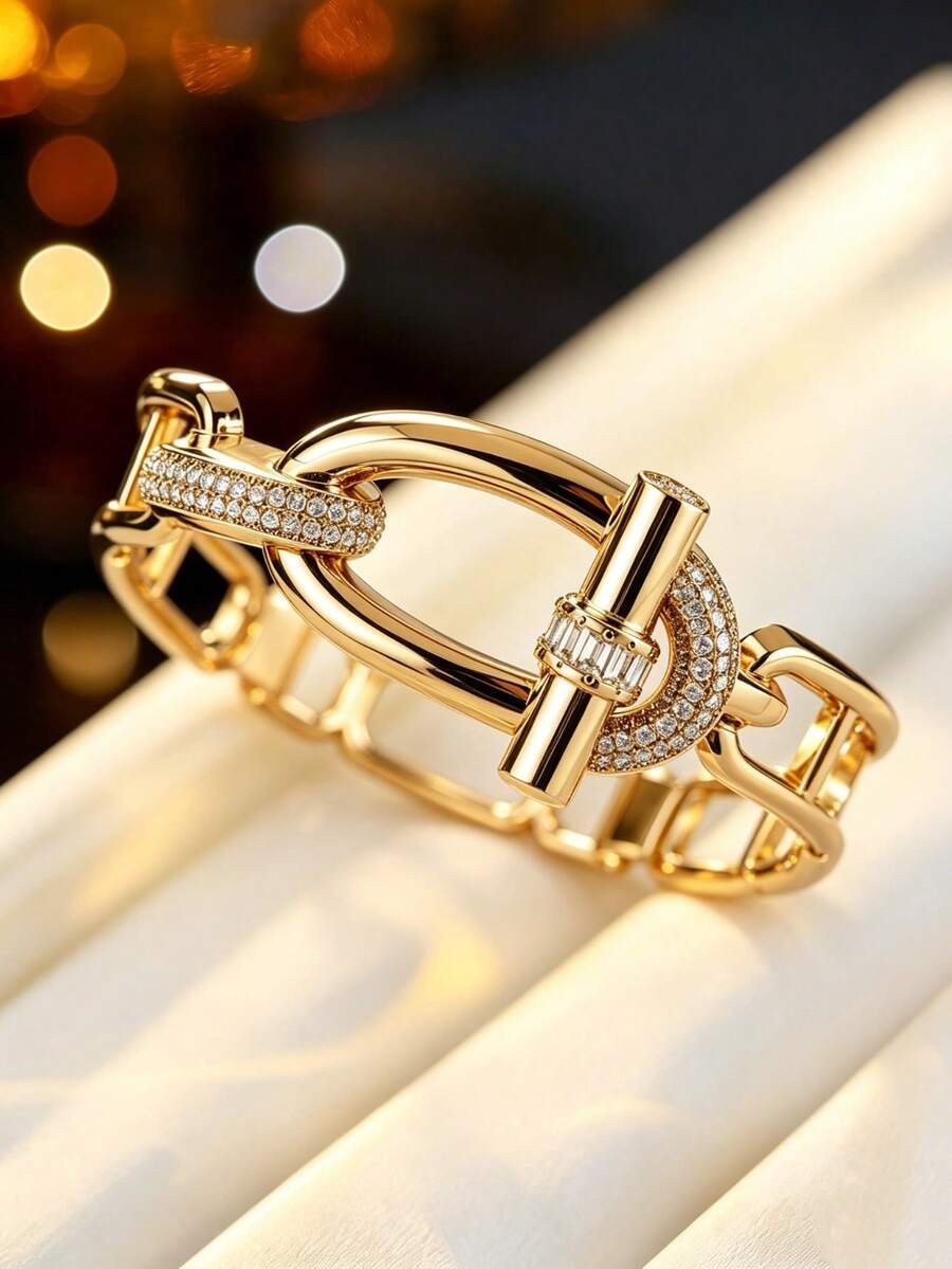 1pc Women's Fashion Bracelet, Geometric Chain Link Bangle With Zirconia Inlay, Niche Design, Versatile Commuter Elegant Jewelry Accessory - Bracelet - View 1
