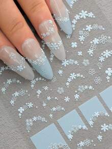 1pc Gentle Hazy French Blue 6D Semi-Transparent Embossed Nail Stickers, 3D Lace Texture Mini Floral, Paired With Multiple Curved French Lace Edges, Staggered Long And Short Flower Vines, Low Saturation Matte Light Blue Soft And Elegant, Delicate 3D Embossed Not Bulky, Semi-Transparent Base Film Suitable For Milky White, Nude Gray, Ice Transparent Nude Nail Polish Base Colors. Specifically For French Manicure Edging, Also Can Be Used For Single Flower Decoration And Patching - Multicolor - View 3