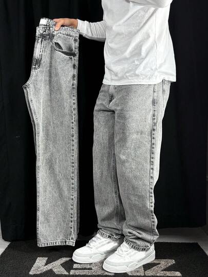 Quần jean denim ống đứng màu xám đa năng, quần denim ống rộng thời trang cho nam, quần dài denim ống rộng dáng rộng phong cách thường ngày
