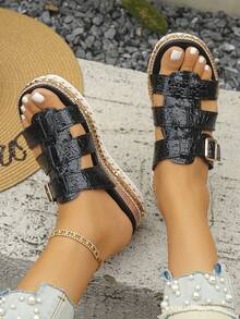 Women's Summer New Wedge Heel Thick Sole Open Toe Beach Sandals Black Crocodile Pattern Roman Style Hollow Wide Strap Metal Buckle Slip-On Slouchy Shoes European American Vintage Bohemian Vacation Style Comfortable Non-Tiring Soft Sole Shock-Absorbing Plus Size Casual Versatile Lightweight Stable Non-Slip Wear-Resistant Skin-Flattering Platform Shoes Wood Grain Heel Woven Edge Fashion Street Personality Slip-On - Black Crocodile Pattern - View 3