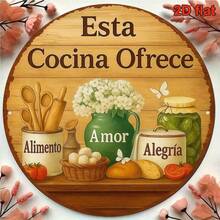 1pc 2D Flat 8*8 Inch Round French Sign, Vintage Kitchen Decorative Plaque, "Food & Love" Decor Sign, Suitable For Restaurant, Kitchen, Cafe, Bar, Home Party, Bakery. Language: Spanish (Random Hole Position) - A - View 7