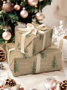 1 Roll Of Christmas Gift Wrapping Paper Featuring A Christmas Tree And Snowflake Pattern; Made Of Kraft Paper; Dimensions: 43 Cm X 300 Cm (17 Inches X 9.84 Feet); Suitable For Christmas Gift-Giving, Christmas Party Decorations, And Gift Wrapping. - A - View 3