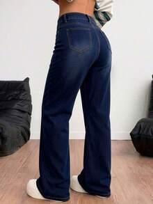 Light Blue Washed Straight-Leg Denim Trousers With Rips, Mid-Rise Waist, Elasticated And With An Elegant Drape - Dark Blue - View 5
