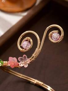 1件波希米亞風海灘花卉手臂飾品，可調節金色手臂配件，附粉色花朵與綠葉吊墜，夏季度假女性手臂珠寶 - 金黃色 - 查看 5