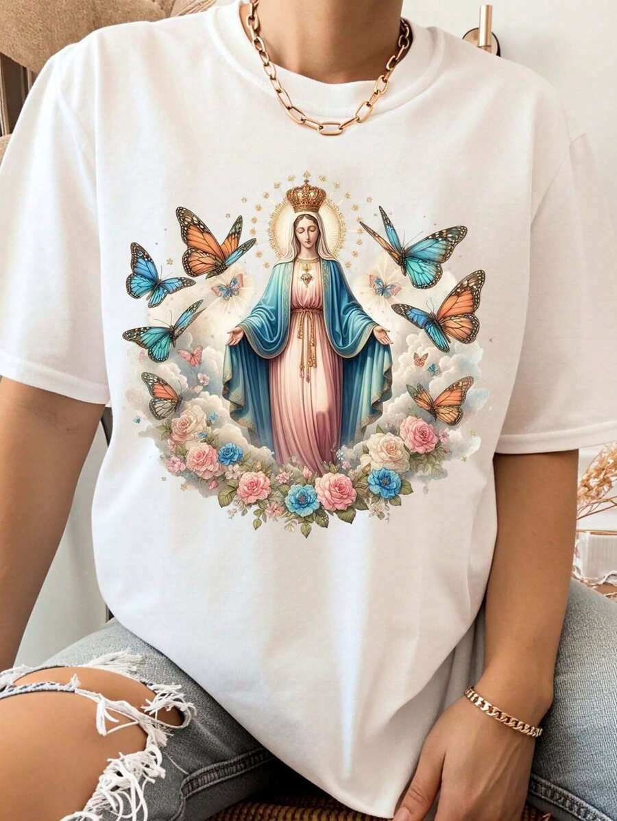 Women's T-Shirt With Religious Art Of The Virgin Mary With Butterflies And Flowers, Casual Summer Wear, Gift For Religious Friends. Summer T-Shirts - 白色 - 查看 1
