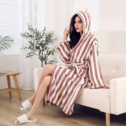 Vintage Brown & White Striped Hooded Bathrobe For Women, Thick Coral Fleece, Absorbent & Quick-Drying, Long Tie-Front Sleepwear, Autumn/Winter Home Wear, Hotel Bathrobe, Warm Loose Plus Size Robe, Couple Bathrobe, Sexy & Charming Bridal Morning Robe, Soft Sleepwear Dress For Women, Summer